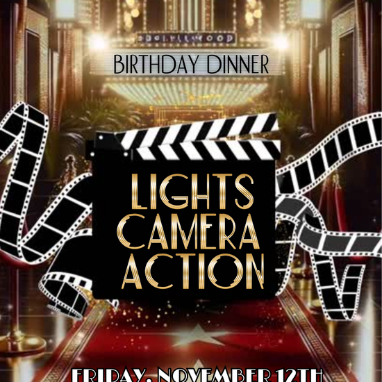 Hollywood dinner party video invitation with red carpet graphics