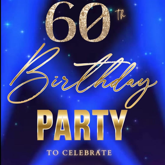 Editable blue purple spotlight 60th birthday birthday video invitation displayed on a mobile phone, featuring an animated vertical digital invite with music, created in Canva. This premium video invitation template is designed for sharing by text, email, and social media and works with an interactive RSVP website for easy guest response tracking.