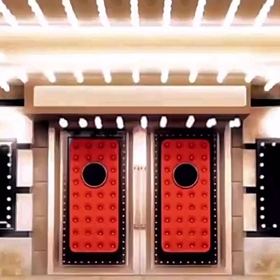 Editable hollywood red carpet 50th birthday birthday video invitation displayed on a mobile phone, featuring an animated vertical digital invite with music, created in Canva. This premium video invitation template is designed for sharing by text, email, and social media and works with an interactive RSVP website for easy guest response tracking.