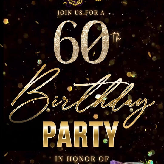 Editable masquerade mardi gras 60th birthday birthday video invitation displayed on a mobile phone, featuring an animated vertical digital invite with music, created in Canva. This premium video invitation template is designed for sharing by text, email, and social media and works with an interactive RSVP website for easy guest response tracking.
