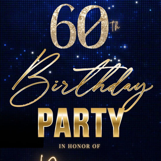 Editable royal blue gold elegant 60th birthday birthday video invitation displayed on a mobile phone, featuring an animated vertical digital invite with music, created in Canva. This premium video invitation template is designed for sharing by text, email, and social media and works with an interactive RSVP website for easy guest response tracking.