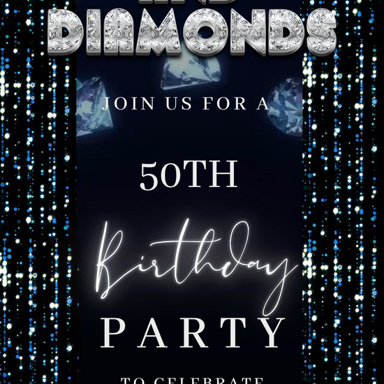 Light blue diamonds video invite cover with sparkling accents on smartphone screen