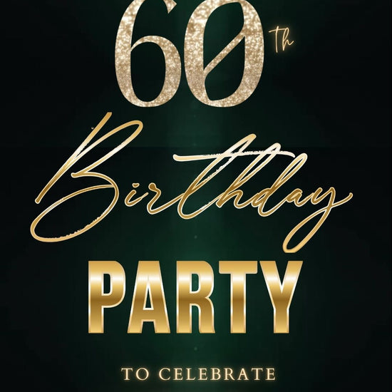 Editable dark emerald gold 60th birthday birthday video invitation displayed on a mobile phone, featuring an animated vertical digital invite with music, created in Canva. This premium video invitation template is designed for sharing by text, email, and social media and works with an interactive RSVP website for easy guest response tracking.