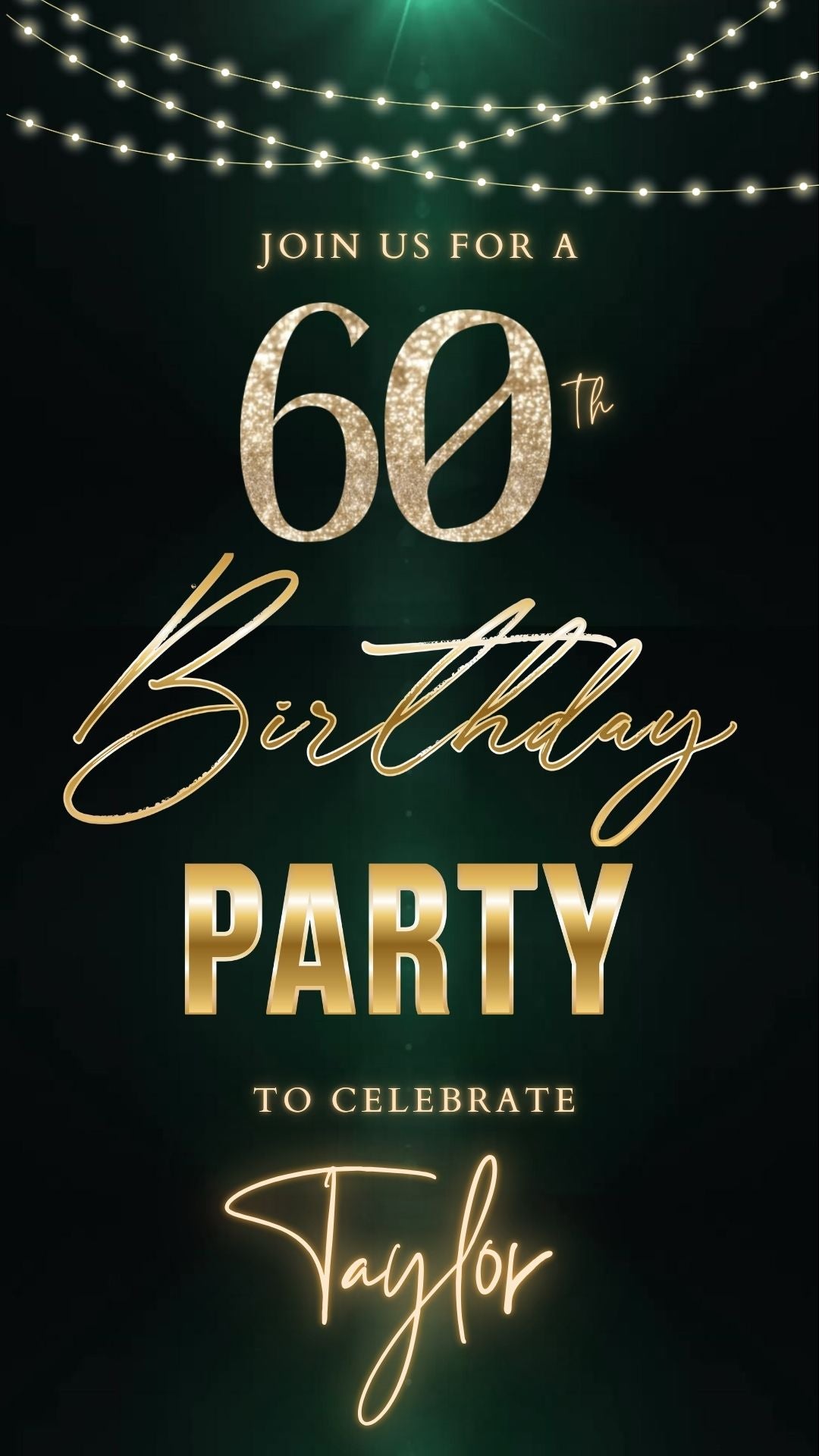 Editable dark emerald gold 60th birthday birthday video invitation displayed on a mobile phone, featuring an animated vertical digital invite with music, created in Canva. This premium video invitation template is designed for sharing by text, email, and social media and works with an interactive RSVP website for easy guest response tracking.