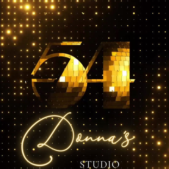 Editable gold disco studio 50th birthday video invitation displayed on a mobile phone, featuring an animated vertical digital invite with music, created in Canva. This premium video invitation template is designed for sharing by text, email, and social media and works with an interactive RSVP website for easy guest response tracking.
