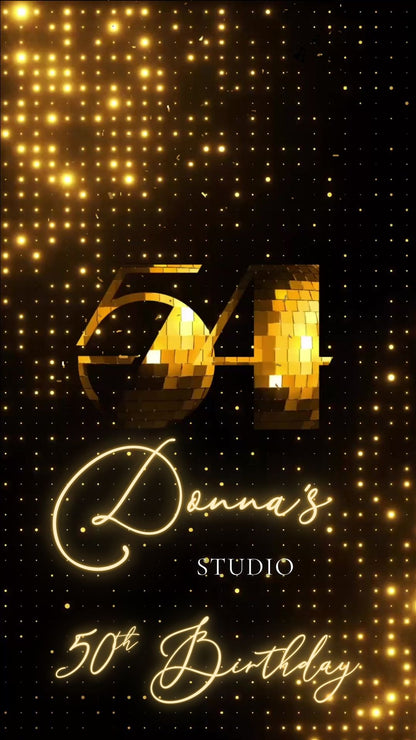 Editable gold disco studio 50th birthday video invitation displayed on a mobile phone, featuring an animated vertical digital invite with music, created in Canva. This premium video invitation template is designed for sharing by text, email, and social media and works with an interactive RSVP website for easy guest response tracking.