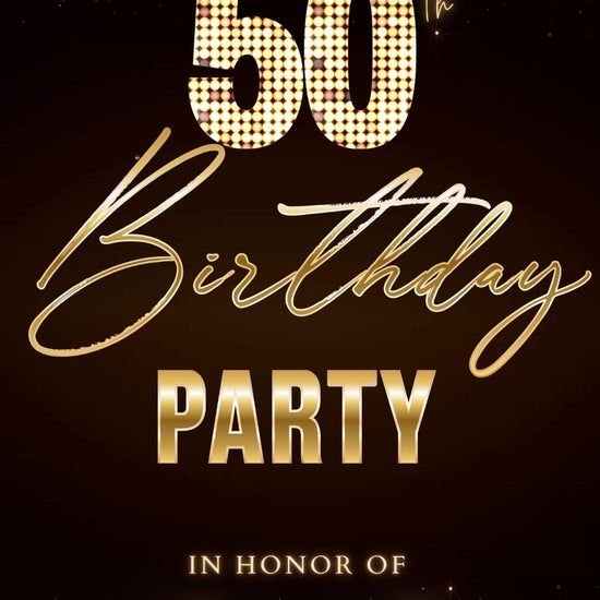 Editable maroon gold sparkle 50th birthday party video invitation displayed on a mobile phone, featuring an animated vertical digital invite with music, created in Canva. This premium video invitation template is designed for sharing by text, email, and social media and works with an interactive RSVP website for easy guest response tracking.