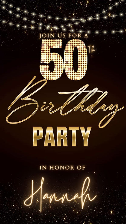Editable maroon gold sparkle 50th birthday party video invitation displayed on a mobile phone, featuring an animated vertical digital invite with music, created in Canva. This premium video invitation template is designed for sharing by text, email, and social media and works with an interactive RSVP website for easy guest response tracking.