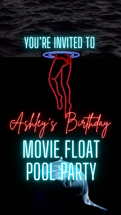 Jaws shark party video invitation with bold ocean graphics