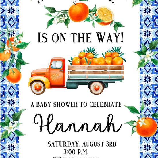 Editable little cutie lemon baby shower baby shower video invitation displayed on a mobile phone, featuring an animated vertical digital invite with music, created in Canva. This premium video invitation template is designed for sharing by text, email, and social media and works with an interactive RSVP website for easy guest response tracking.