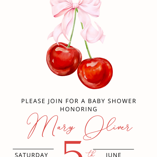 Smartphone showing Cherry on Top Shower party video invitation with cherry graphics