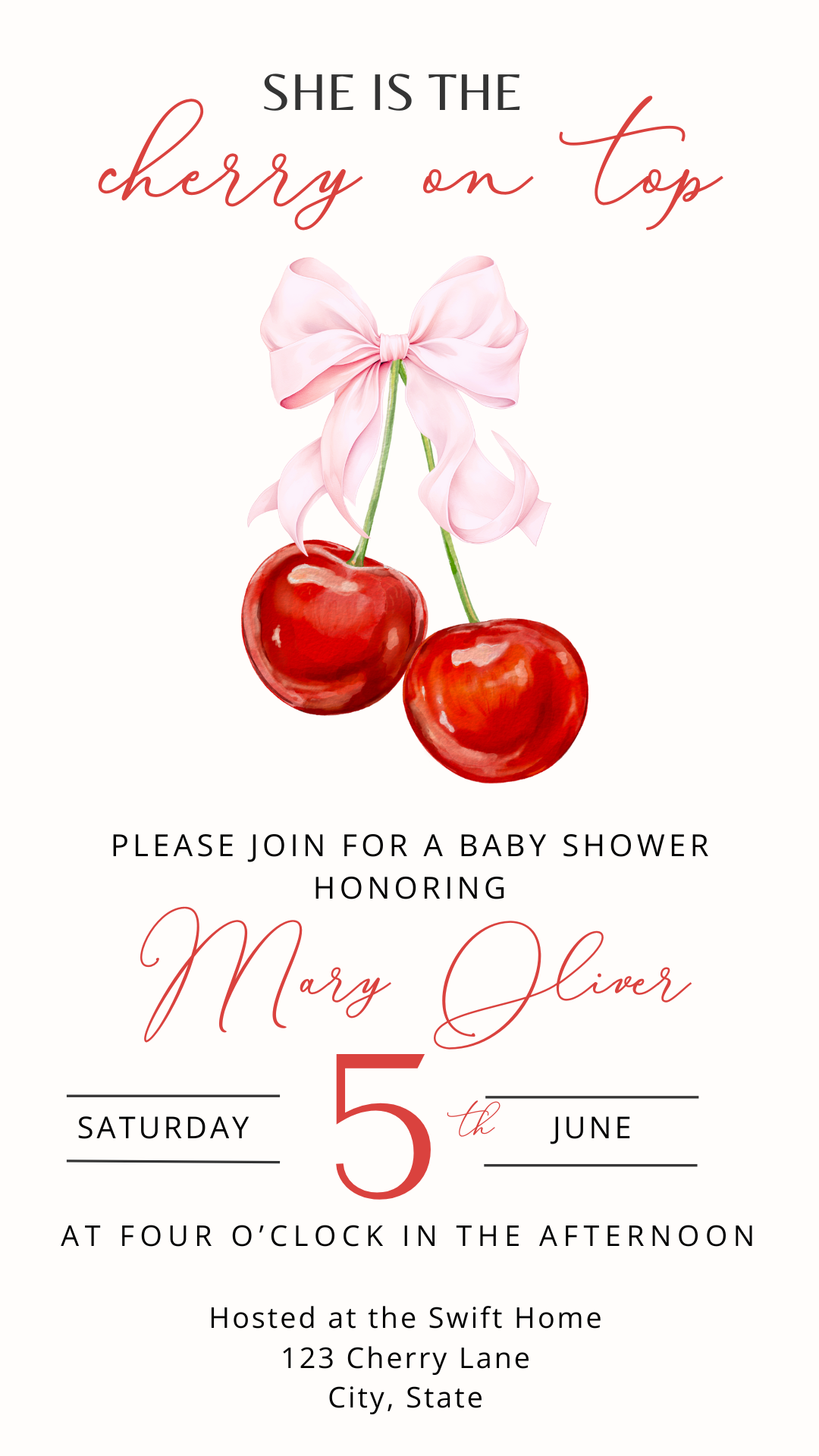Smartphone showing Cherry on Top Shower party video invitation with cherry graphics