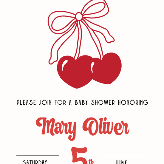 Smartphone showing Baby Cherry on Top Shower party video invitation with pastel cherry design