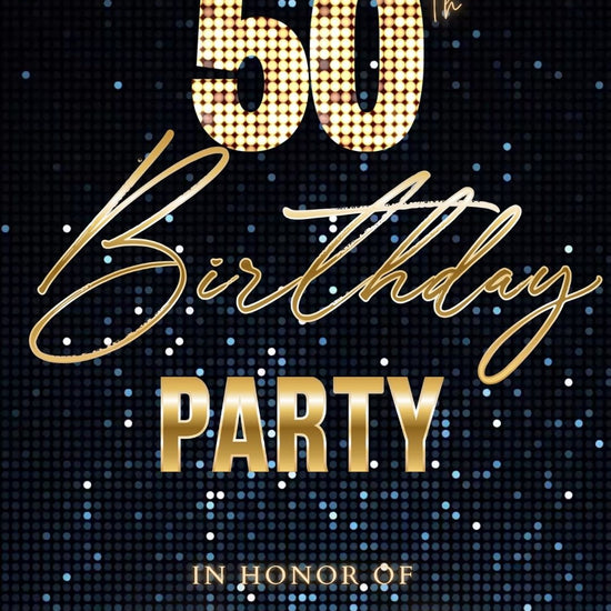Editable blue sequin 50th birthday video invitation displayed on a mobile phone, featuring an animated vertical digital invite with music, created in Canva. This premium video invitation template is designed for sharing by text, email, and social media and works with an interactive RSVP website for easy guest response tracking.