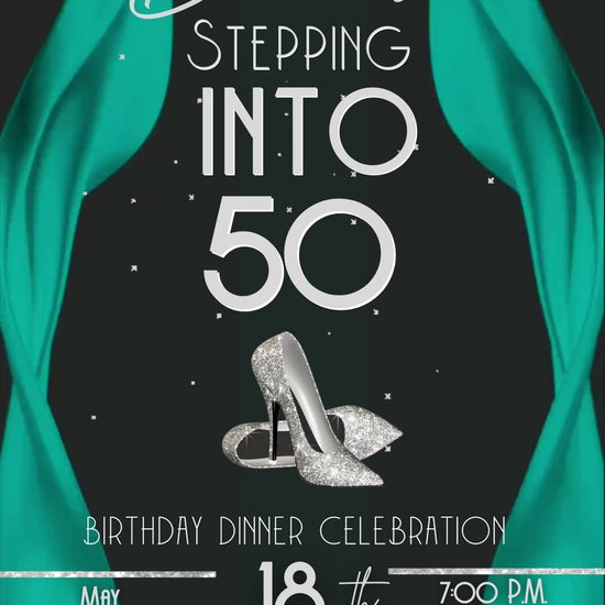 Editable teal red carpet 50th birthday video invitation displayed on a mobile phone, featuring an animated vertical digital invite with music, created in Canva. This premium video invitation template is designed for sharing by text, email, and social media and works with an interactive RSVP website for easy guest response tracking.