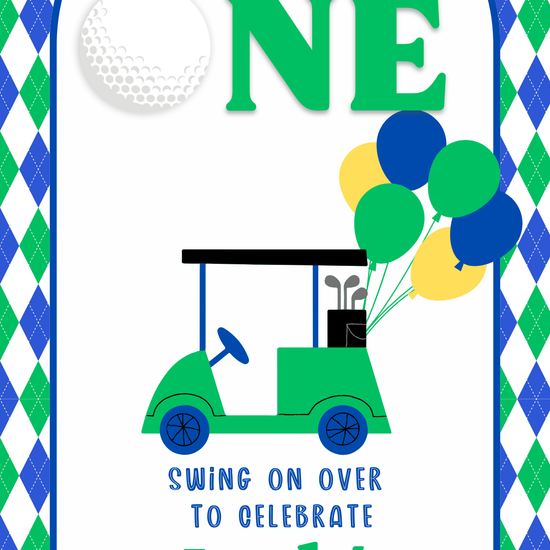 Smartphone showing Hole in One golf party video invitation with green fairway design