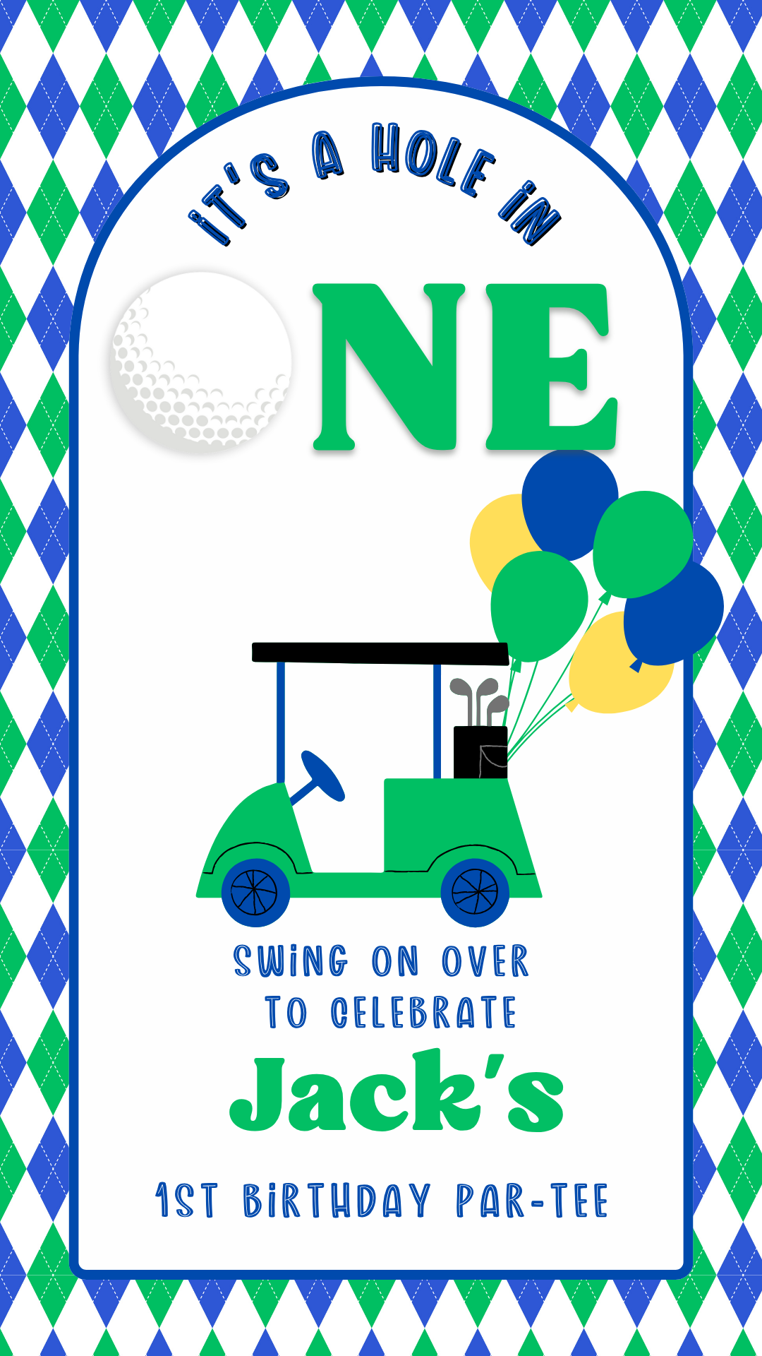 Smartphone showing Hole in One golf party video invitation with green fairway design