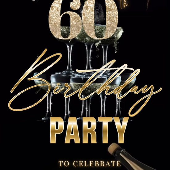 Editable black gold elegant 60th birthday birthday video invitation displayed on a mobile phone, featuring an animated vertical digital invite with music, created in Canva. This premium video invitation template is designed for sharing by text, email, and social media and works with an interactive RSVP website for easy guest response tracking.