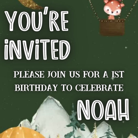 Editable woodland camping 1st birthday birthday video invitation displayed on a mobile phone, featuring an animated vertical digital invite with music, created in Canva. This premium video invitation template is designed for sharing by text, email, and social media and works with an interactive RSVP website for easy guest response tracking.