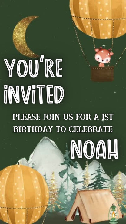 Editable woodland camping 1st birthday birthday video invitation displayed on a mobile phone, featuring an animated vertical digital invite with music, created in Canva. This premium video invitation template is designed for sharing by text, email, and social media and works with an interactive RSVP website for easy guest response tracking.