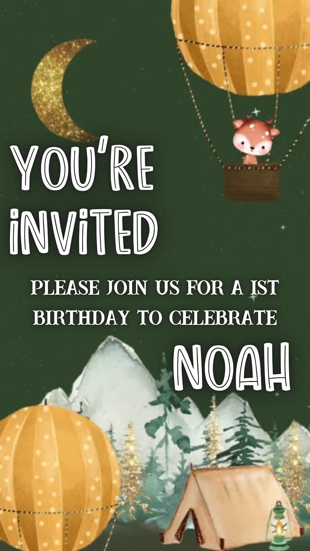 Editable woodland camping 1st birthday birthday video invitation displayed on a mobile phone, featuring an animated vertical digital invite with music, created in Canva. This premium video invitation template is designed for sharing by text, email, and social media and works with an interactive RSVP website for easy guest response tracking.