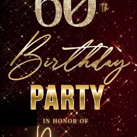 Editable maroon gold sparkle grid 60th birthday birthday video invitation displayed on a mobile phone, featuring an animated vertical digital invite with music, created in Canva. This premium video invitation template is designed for sharing by text, email, and social media and works with an interactive RSVP website for easy guest response tracking.