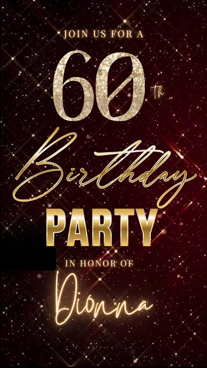 Editable maroon gold sparkle grid 60th birthday birthday video invitation displayed on a mobile phone, featuring an animated vertical digital invite with music, created in Canva. This premium video invitation template is designed for sharing by text, email, and social media and works with an interactive RSVP website for easy guest response tracking.