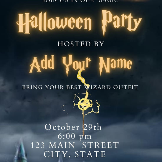 Editable wizard halloween party party video invitation displayed on a mobile phone, featuring an animated vertical digital invite with music, created in Canva. This premium video invitation template is designed for sharing by text, email, and social media and works with an interactive RSVP website for easy guest response tracking.