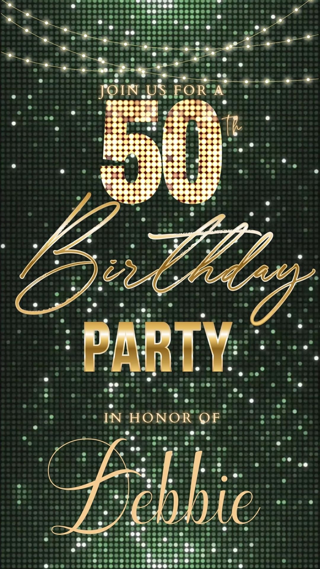 Editable sage green gold glitter 50th birthday video invitation displayed on a mobile phone, featuring an animated vertical digital invite with music, created in Canva. This premium video invitation template is designed for sharing by text, email, and social media and works with an interactive RSVP website for easy guest response tracking.