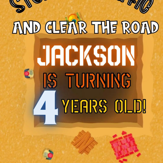 Editable construction theme 4th birthday video invitation displayed on a mobile phone, featuring an animated vertical digital invite with music, created in Canva. This premium video invitation template is designed for sharing by text, email, and social media and works with an interactive RSVP website for easy guest response tracking.