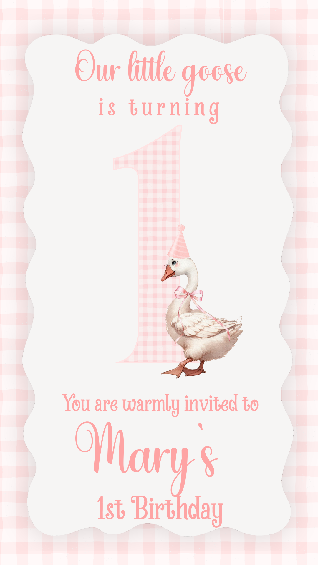 Smartphone showing Pink Goose party video invitation with chic graphics