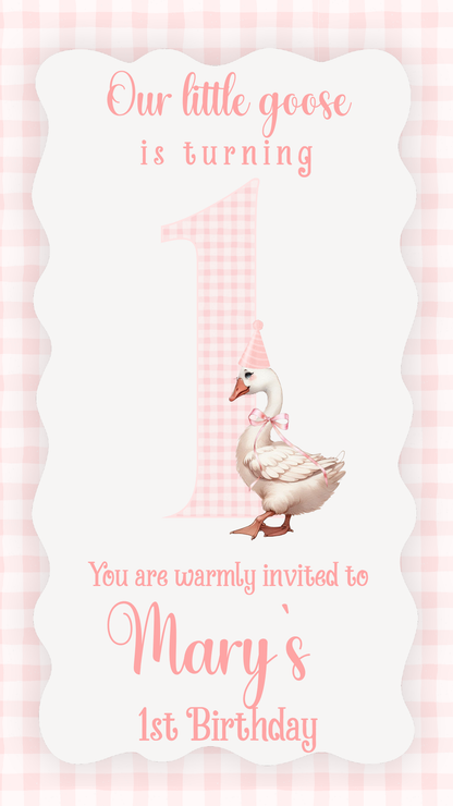 Smartphone showing Pink Goose party video invitation with chic graphics
