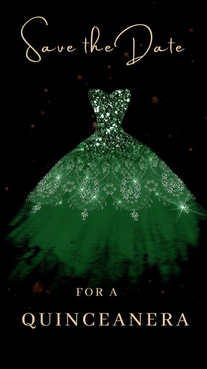 Editable emerald green quinceañera video invitation displayed on a mobile phone, featuring an animated vertical digital invite with music, created in Canva. This premium video invitation template is designed for sharing by text, email, and social media and works with an interactive RSVP website for easy guest response tracking.
