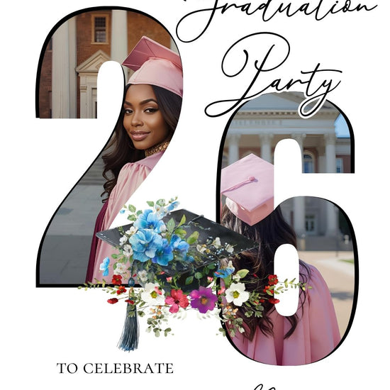 Editable floral graduation 2026 graduation video invitation displayed on a mobile phone, featuring an animated vertical digital invite with music, created in Canva. This premium video invitation template is designed for sharing by text, email, and social media and works with an interactive RSVP website for easy guest response tracking.
