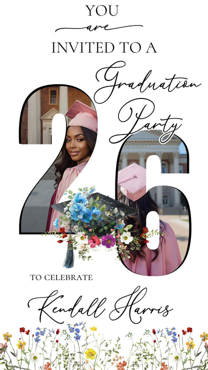 Editable floral graduation 2026 graduation video invitation displayed on a mobile phone, featuring an animated vertical digital invite with music, created in Canva. This premium video invitation template is designed for sharing by text, email, and social media and works with an interactive RSVP website for easy guest response tracking.