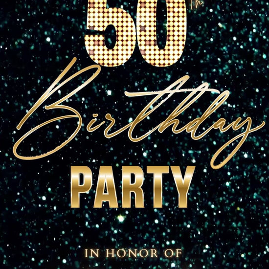 Editable teal green 50th birthday video invitation displayed on a mobile phone, featuring an animated vertical digital invite with music, created in Canva. This premium video invitation template is designed for sharing by text, email, and social media and works with an interactive RSVP website for easy guest response tracking.