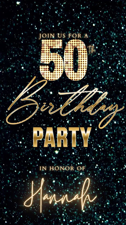 Editable teal green 50th birthday video invitation displayed on a mobile phone, featuring an animated vertical digital invite with music, created in Canva. This premium video invitation template is designed for sharing by text, email, and social media and works with an interactive RSVP website for easy guest response tracking.