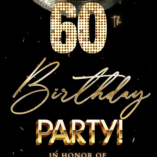 Editable disco ball gold 60th birthday birthday video invitation displayed on a mobile phone, featuring an animated vertical digital invite with music, created in Canva. This premium video invitation template is designed for sharing by text, email, and social media and works with an interactive RSVP website for easy guest response tracking.