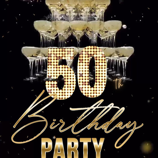 Editable champagne tower gold 50th birthday video invitation displayed on a mobile phone, featuring an animated vertical digital invite with music, created in Canva. This premium video invitation template is designed for sharing by text, email, and social media and works with an interactive RSVP website for easy guest response tracking.