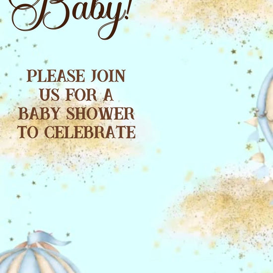 Editable blue hot air balloon boy baby shower baby shower video invitation displayed on a mobile phone, featuring an animated vertical digital invite with music, created in Canva. This premium video invitation template is designed for sharing by text, email, and social media and works with an interactive RSVP website for easy guest response tracking.