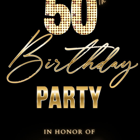 Editable gold stars 50th birthday party video invitation displayed on a mobile phone, featuring an animated vertical digital invite with music, created in Canva. This premium video invitation template is designed for sharing by text, email, and social media and works with an interactive RSVP website for easy guest response tracking.