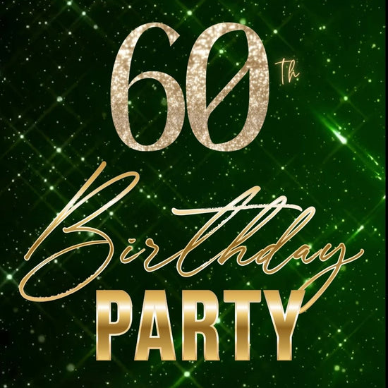 Editable emerald green gold 60th birthday birthday video invitation displayed on a mobile phone, featuring an animated vertical digital invite with music, created in Canva. This premium video invitation template is designed for sharing by text, email, and social media and works with an interactive RSVP website for easy guest response tracking.