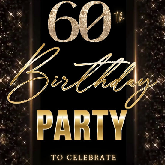 Editable black gold elegant 60th birthday birthday video invitation displayed on a mobile phone, featuring an animated vertical digital invite with music, created in Canva. This premium video invitation template is designed for sharing by text, email, and social media and works with an interactive RSVP website for easy guest response tracking.