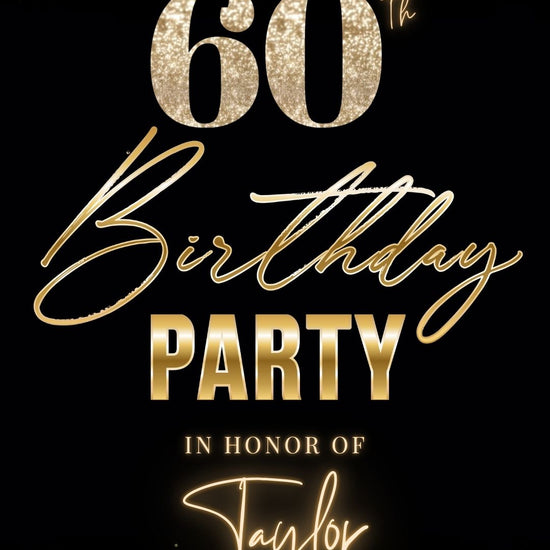 Editable gold sparkle 60th birthday birthday video invitation displayed on a mobile phone, featuring an animated vertical digital invite with music, created in Canva. This premium video invitation template is designed for sharing by text, email, and social media and works with an interactive RSVP website for easy guest response tracking.