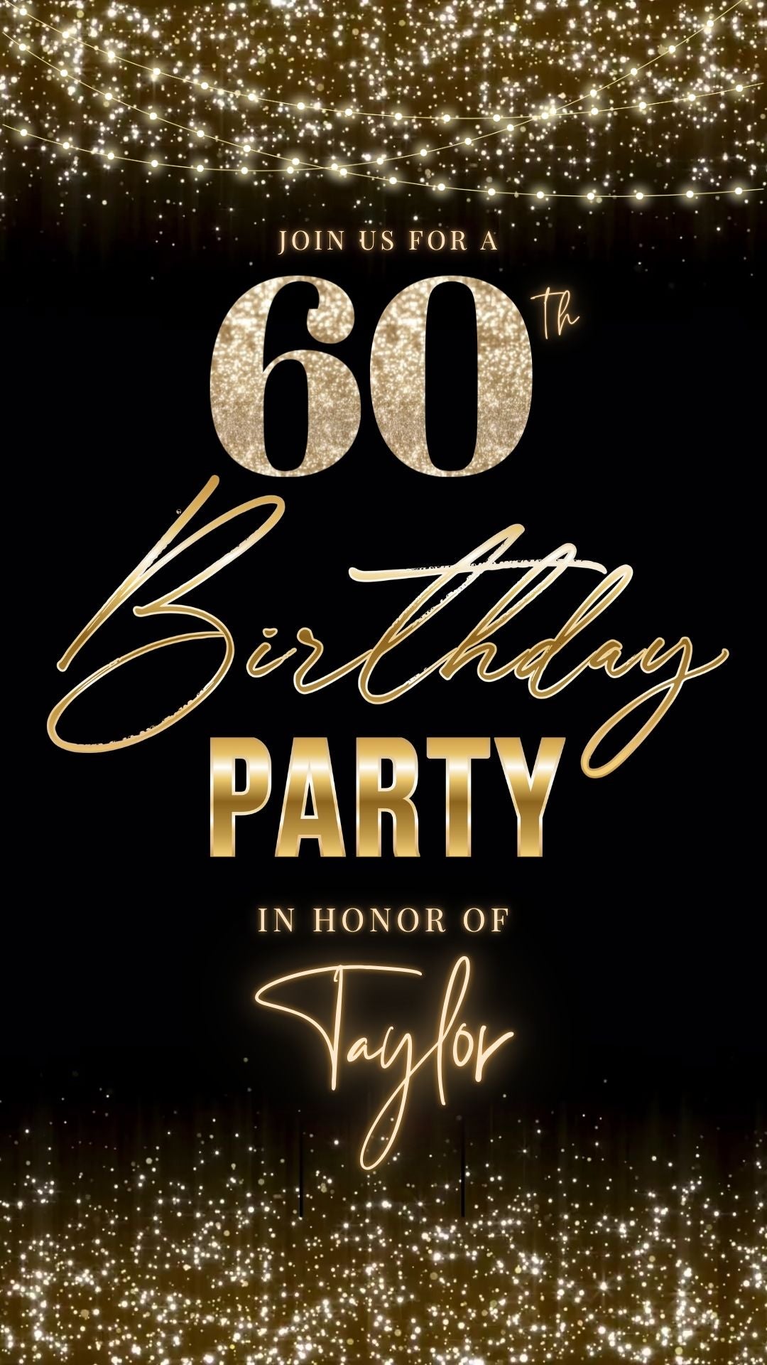 Editable gold sparkle 60th birthday birthday video invitation displayed on a mobile phone, featuring an animated vertical digital invite with music, created in Canva. This premium video invitation template is designed for sharing by text, email, and social media and works with an interactive RSVP website for easy guest response tracking.