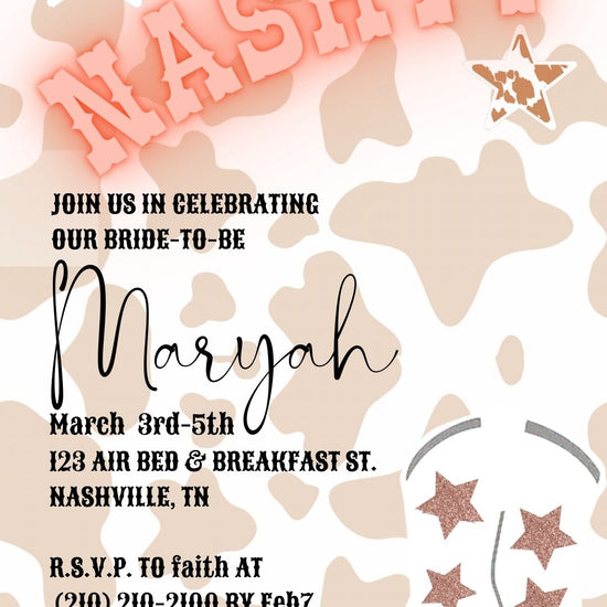 Editable cowgirl nashville bachelorette party party video invitation displayed on a mobile phone, featuring an animated vertical digital invite with music, created in Canva. This premium video invitation template is designed for sharing by text, email, and social media and works with an interactive RSVP website for easy guest response tracking.