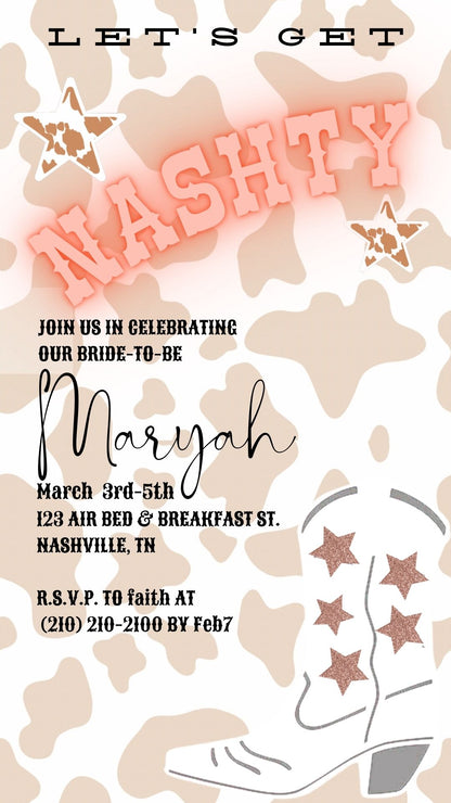 Editable cowgirl nashville bachelorette party party video invitation displayed on a mobile phone, featuring an animated vertical digital invite with music, created in Canva. This premium video invitation template is designed for sharing by text, email, and social media and works with an interactive RSVP website for easy guest response tracking.