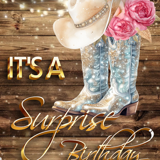 Smartphone showing cowgirl party video invitation with boots and hat graphics