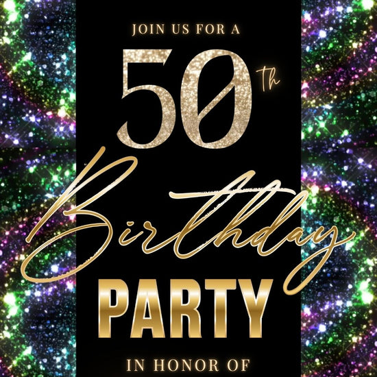 Editable nardo gras glitter 50th birthday video invitation displayed on a mobile phone, featuring an animated vertical digital invite with music, created in Canva. This premium video invitation template is designed for sharing by text, email, and social media and works with an interactive RSVP website for easy guest response tracking.