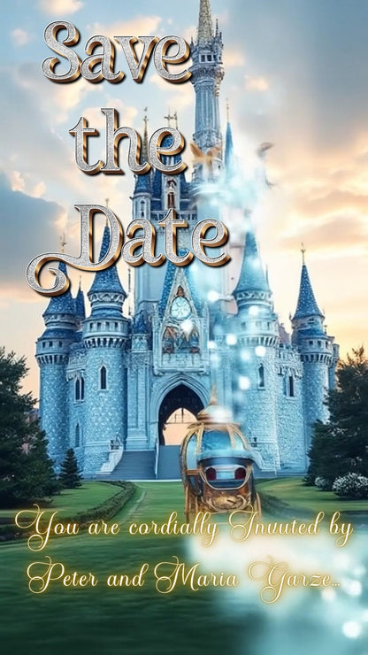 Editable cinderella fairytale quinceañera event video invitation displayed on a mobile phone, featuring an animated vertical digital invite with music, created in Canva. This premium video invitation template is designed for sharing by text, email, and social media and works with an interactive RSVP website for easy guest response tracking.